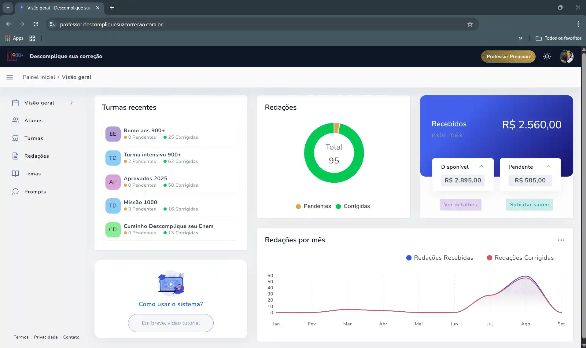 Dashboard do professor mostrando ferramentas de correção e acompanhamento de alunos