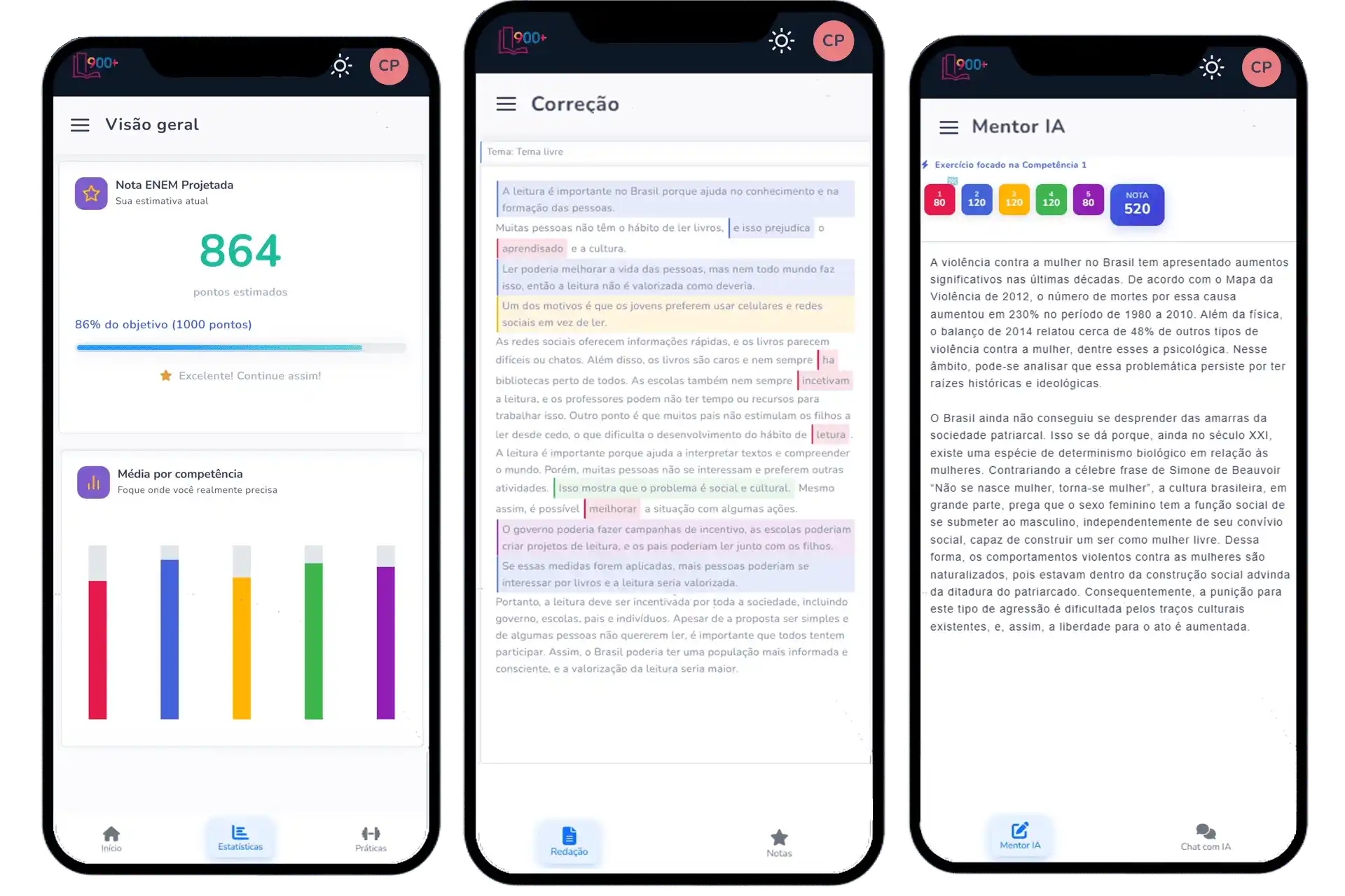 Aplicativo mobile mostrando gamificação e evolução do aluno em tempo real